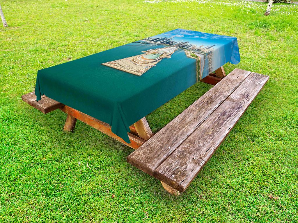 ABAKUHAUS Chicago Skyline Tischdecke Outdoor, Luftpanorama der Marine-Pier-Marine-Metropolen-großen Stadt-Schattenbild-Ansicht, Mehrfarbig, 145x305cm