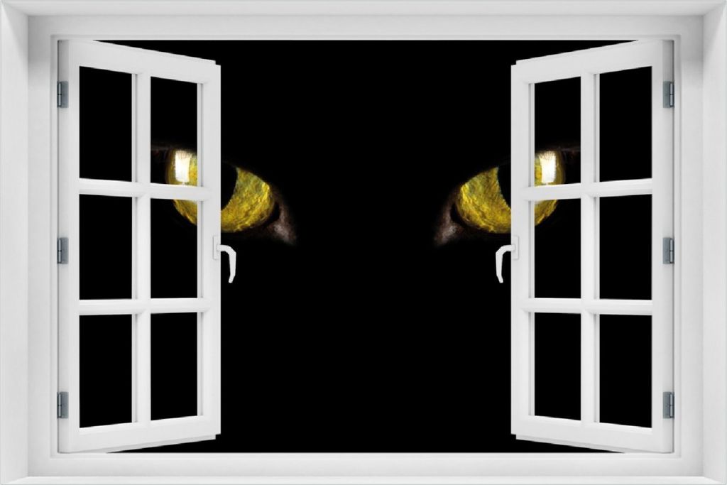 Wallario Poster mit Fenster-Illusion: Gelbe Katzenaugen bei Nacht, Größe: 100 x 150 cm