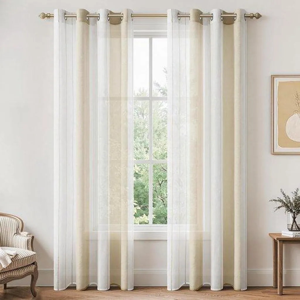 Rideau voile 224 cm à rayures crème et blanc 140x225 cm semi-transparent