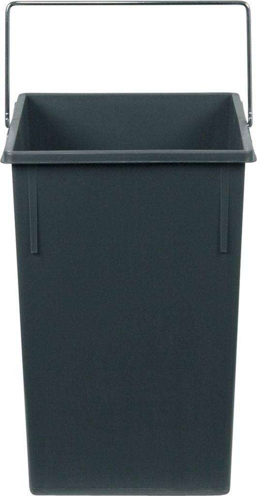 A dark gray rectangular trash can with a silver handle is shown against a white background.