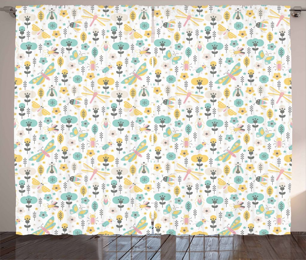 ABAKUHAUS Tiere Rustikaler Vorhang, Geflügelte Insekten Blumen, Wohnzimmer Universalband Gardinen mit Schlaufen und Haken, 280 x 225 cm, Mehrfarbig