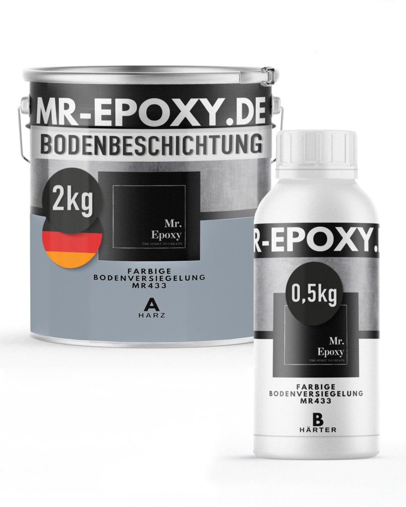 Mr. Epoxy Epoxidharz Bodenbeschichtung (2,5 kg, RAL 7001 Silbergrau) - 2K Betonfarbe für Garagen, Keller & Werkstatt Boden - Flüssigkunststoff Ep...
