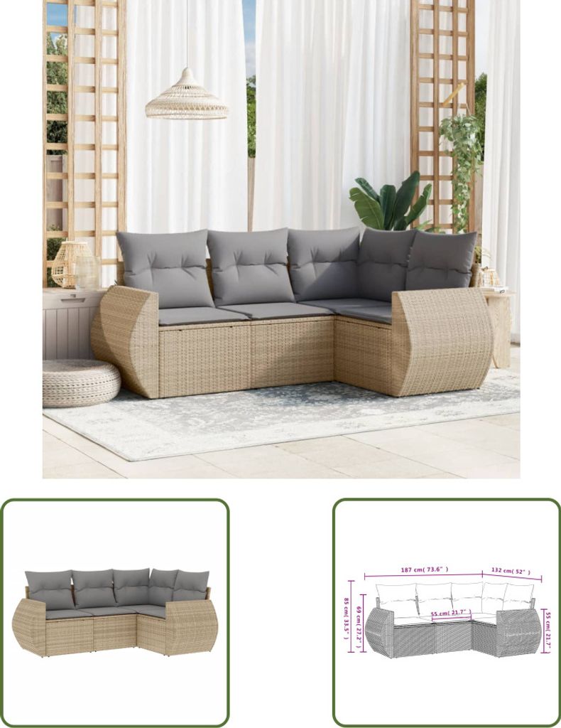 The Living Store 4-tlg. Garten-Sofagarnitur mit Kissen Beige Poly Rattan