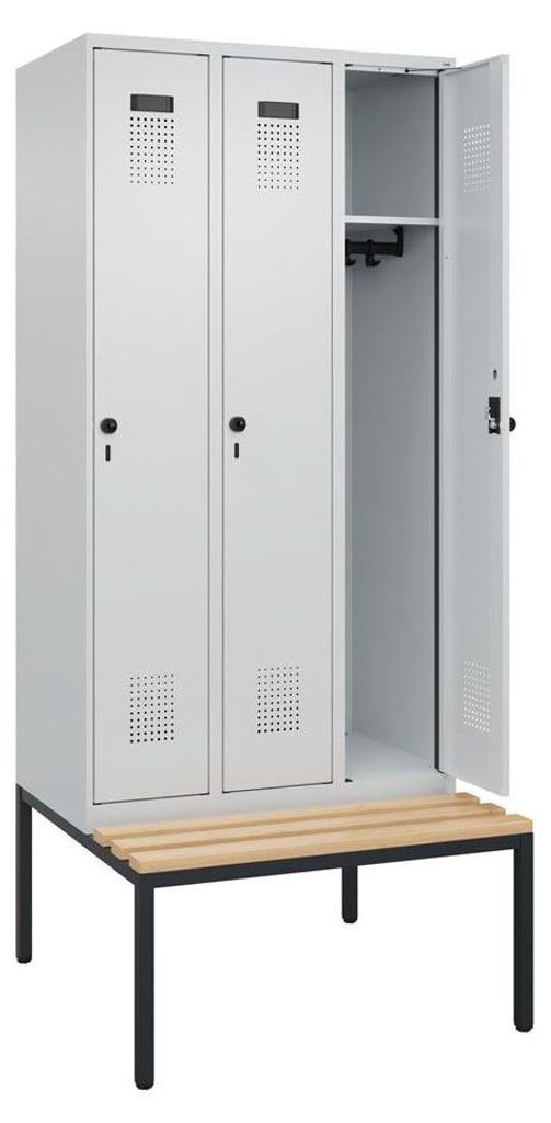 Garderobenschrank, untergeb. Sitzbank, Buche-Sitzleisten, 3 Abteile, Abt.B 300 mm, Drehriegel, BxTxH 900x500x2120 mm, RAL 7035