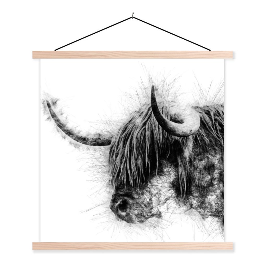 MuchoWow Textilposter Porträt Schottischer Highlander - Schwarz und Weiß 120x120 cm mit holzfarbenen Rahmen - Textil-Poster