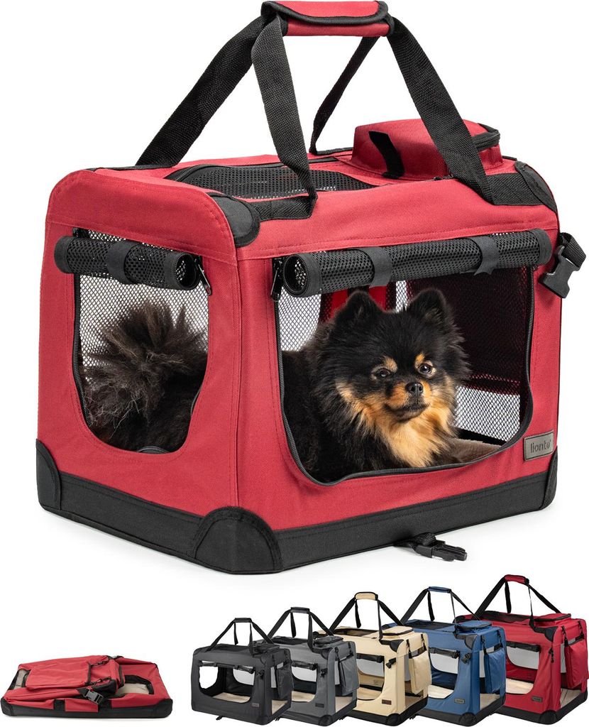 lionto Hundetransportbox faltbar, stabile Stoffbox mit Mesh-Einsätzen, ideal für Auto, Reise & Tierarzt, 50x34x36 cm, dunkelrot