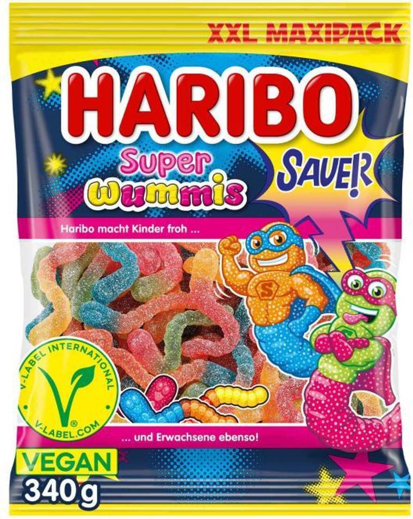 Haribo Super Wummis Sauer vegane Gummiwürmer XXL Maxi 340g Produktbild 