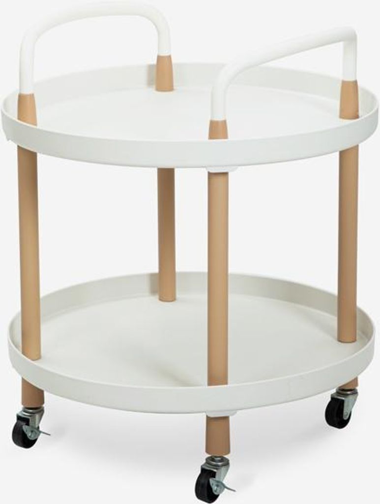 A white, two-tiered round serving cart with wooden accents and wheels, presented against a plain white background.