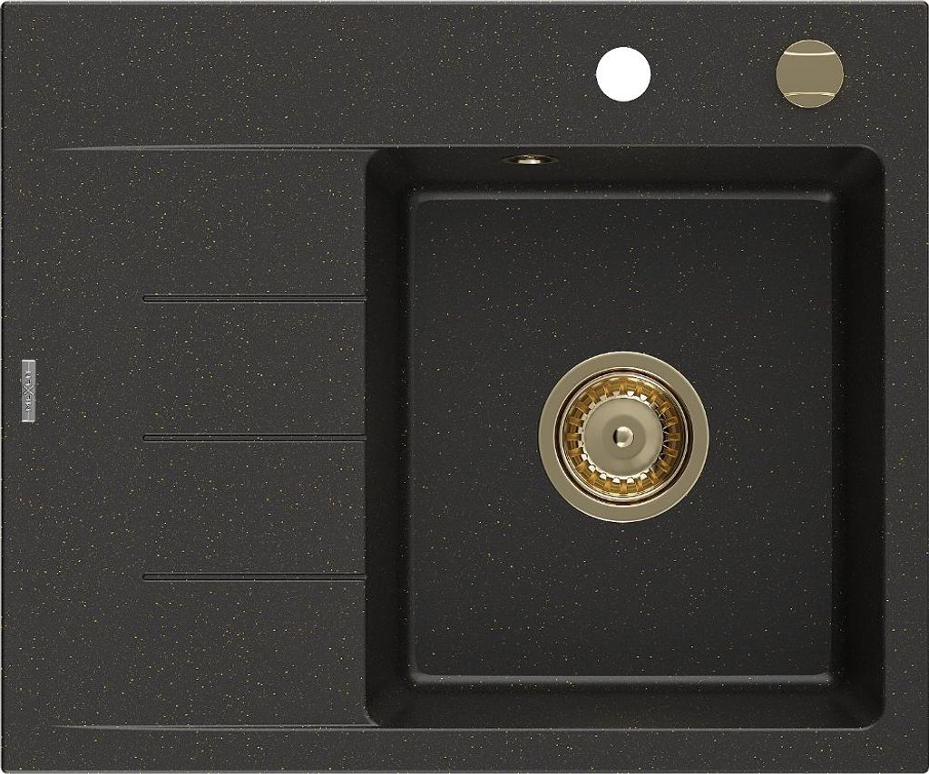 Mexen Ben Granitspüle 1-beckig mit Abtropffläche rechts 600 x 500 mm, schwarz/gold metallic, goldener Siphon - 6523605000-75-G