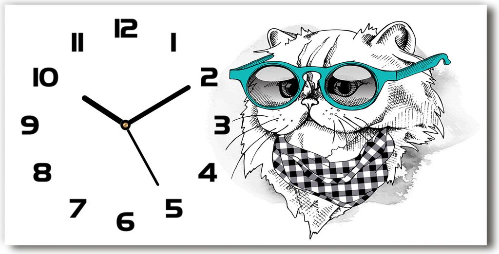 Wanduhr aus Glas – 60x30 cm - Glasbild - Glasuhr - Gehärtetes Glas - schwarze-zeiger - Katze mit Brille