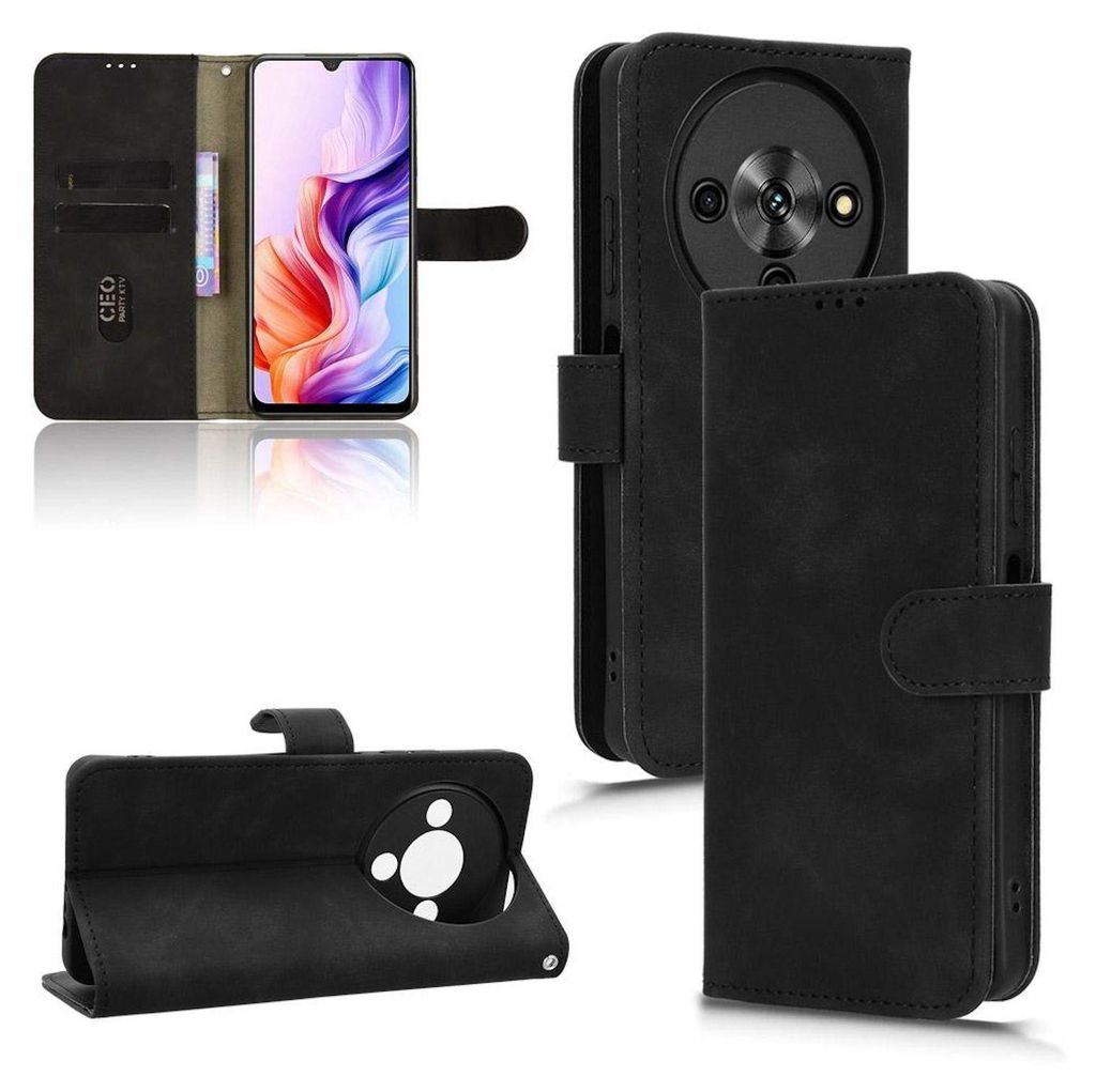 A collage of images showing a black leather wallet-style phone case for a ZTE Blade A76 5G.
