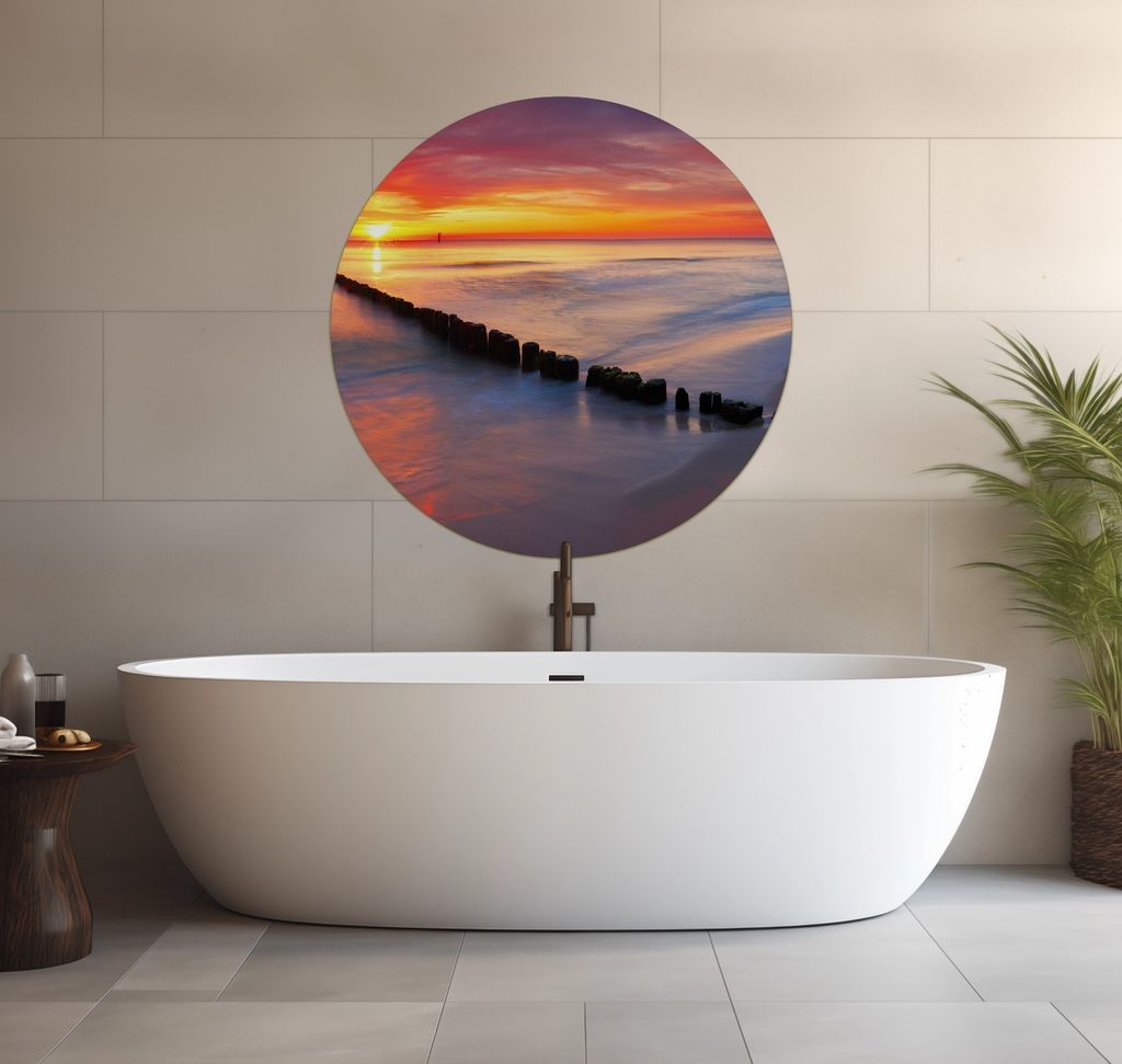 Wallario wasserfestes Poster selbstklebend 90 x 90 cm, Farbenspiel im Himmel - Sonnenuntergang am Strand, Badezimmerposter Spritzschutz mit Hochgla...
