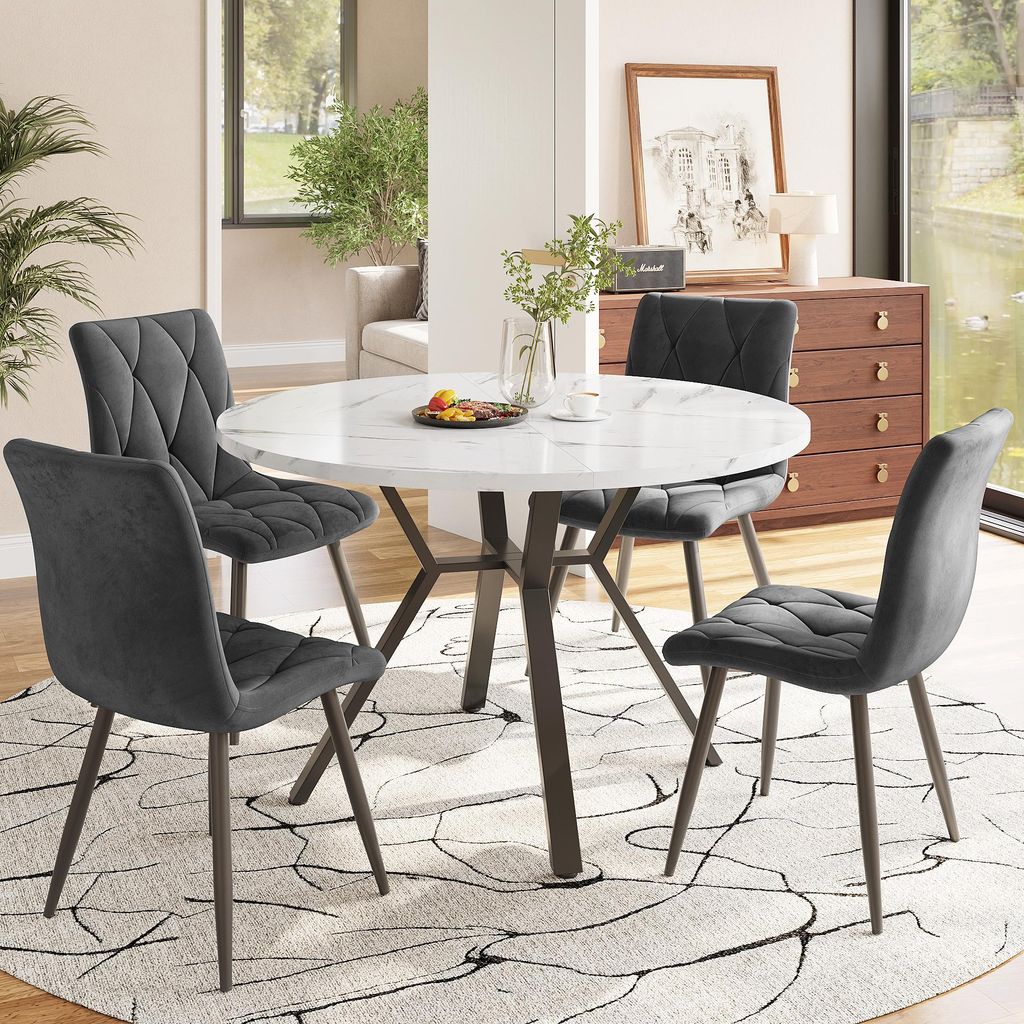 Sweiko Esstisch- und Stuhlset (5-teilig), modernes, schlichtes rundes Esstisch- und Stuhlset aus Marmor, Tischbeine aus schwarzem Metall + 4 ergono...