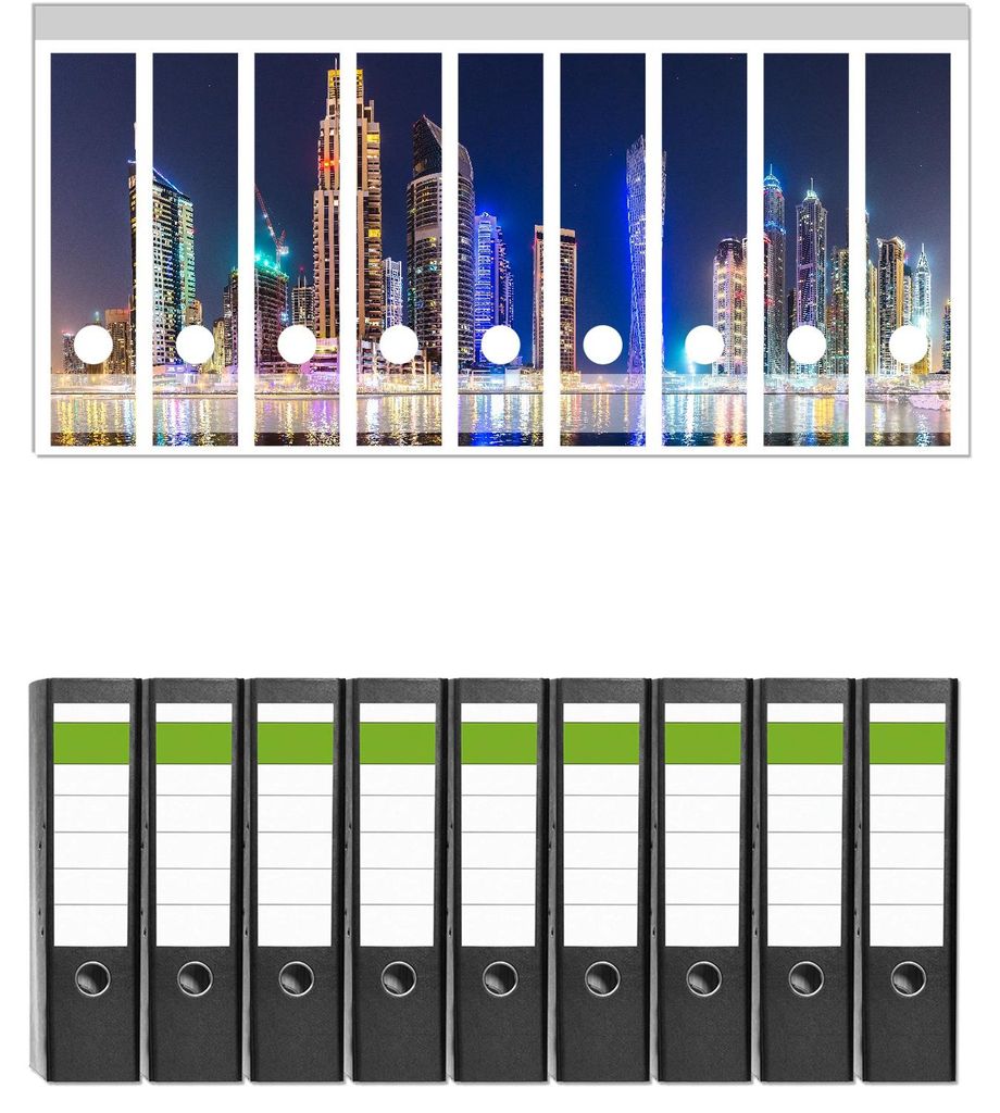Wallario 9 Stück breite Ordner inkl. Klebeetiketten mit Motive Skyline am nächtlichen Hafen - Set mit Rückenschildern / Ordnerrücken Stickern