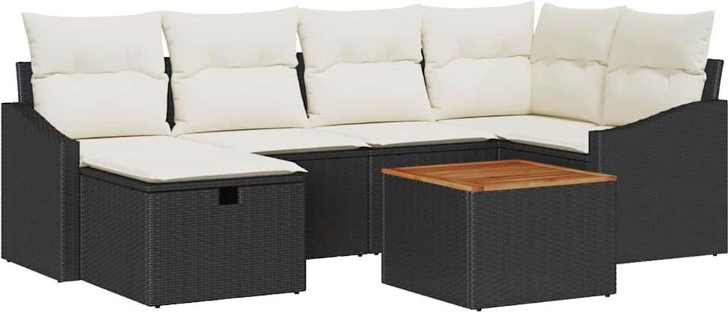 Gartensofa-set mit Kissen 7 pcs Schwarz Poly Rattan