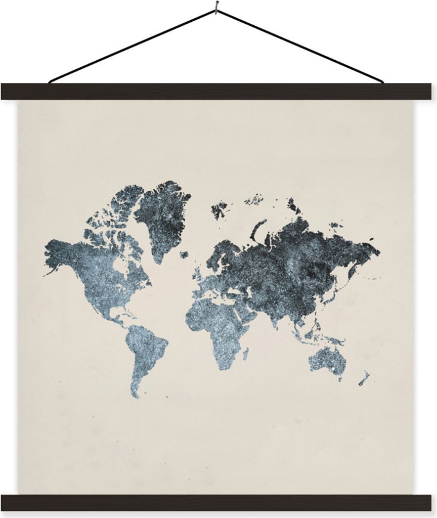 MuchoWow Textilposter Weltkarte - Grau - Silber 60x60 cm mit schwarzem Rahmen - Posteraufhänger