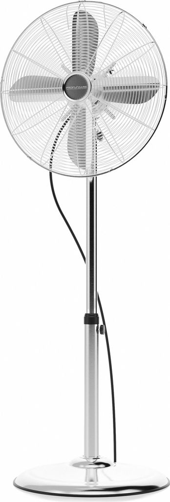 A chrome standing fan on a white background.