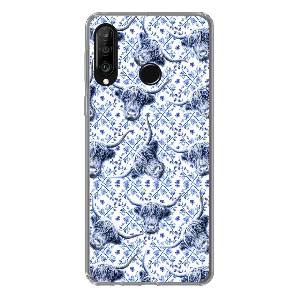 MuchoWow Handyhülle Schutzhülle Hülle für Huawei P30 Lite Delfter Blau - Tiere - Schottischer Highlander Silikon Softcase Handy Hülle - Hand...