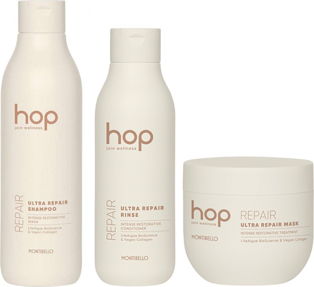 Montibello | Haarpflege Set - Hop Ultra Repair - 1000ml Shampoo + 750ml Spülung + 500ml Maske - Reparatur und Pflege