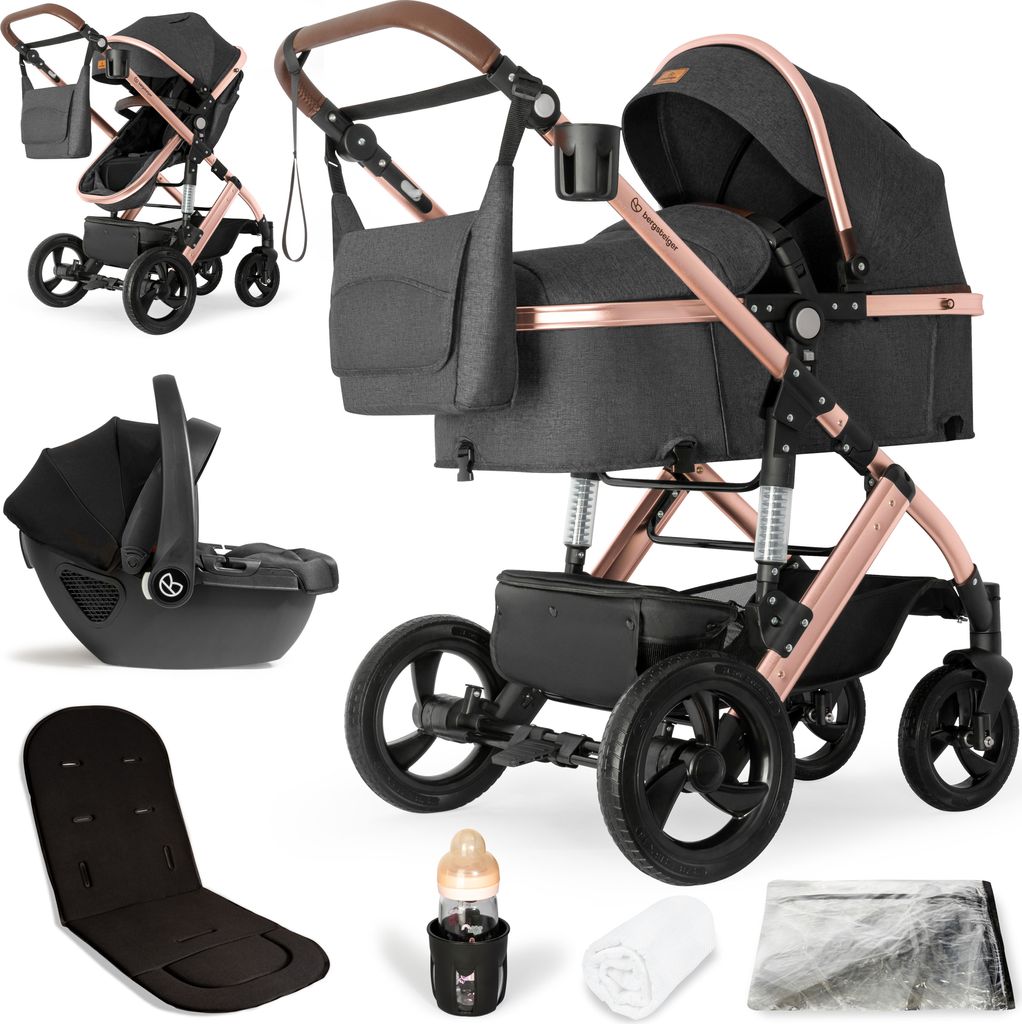 Bergsteiger Nizza 3 in 1 Kinderwagen, Kombikinderwagen Komplettset, Babywanne & Buggy Sportsitz inklusive, Auto-Babyschale & Isofix Station optional