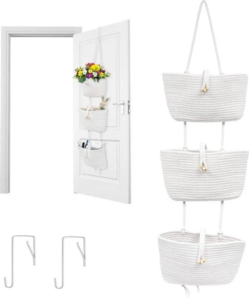 Panier suspendu 3 étages en coton blanc décoration bohème fait main