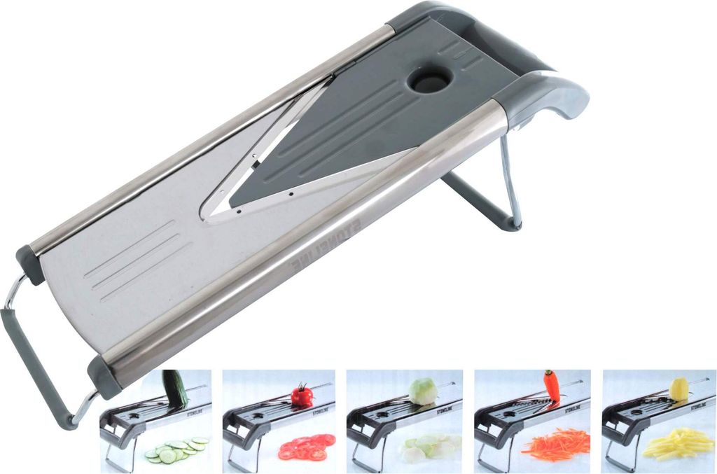 Mandoline à Légumes STONELINE - 9 Pièces Dont 5 Lames Inox - Tranche, Râpe, Julienne - Pied Antidérapant Pliable - Sécurité Protège-Doigts