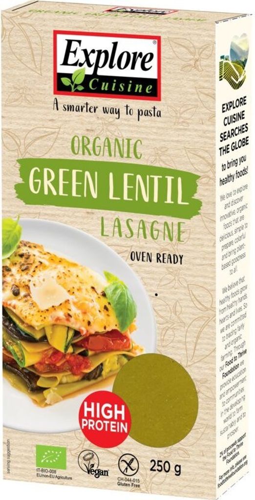 A product box for Explore Cuisine Organic Green Lentil Lasagne.
