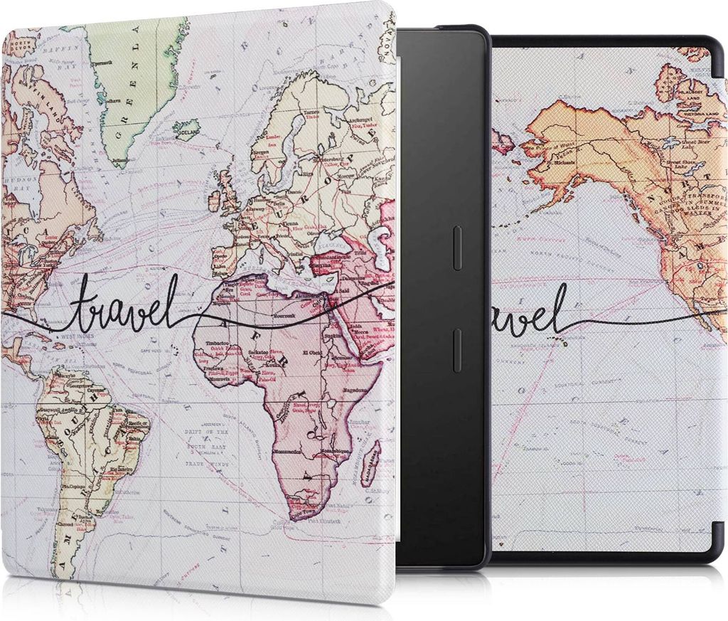 kwmobile Schutzhülle für Amazon Kindle Oasis 10. Generation Hülle - eReader Flip Case mit Auto Sleep Funktion - Travel Schriftzug mit Schwarz