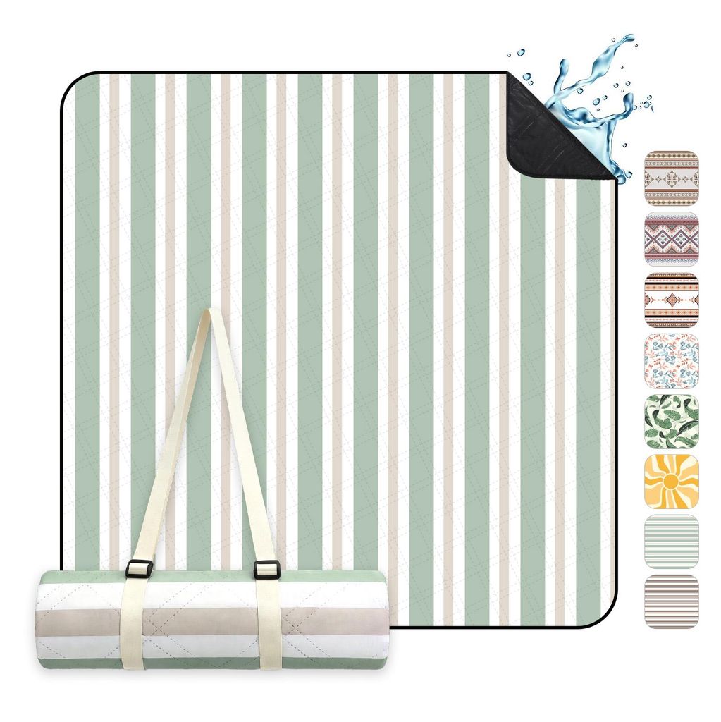 Sekey 200x200 cm Picknickdecke Wasserdicht Campingdecke XXL Stranddecke, Hellgrüne Streifen