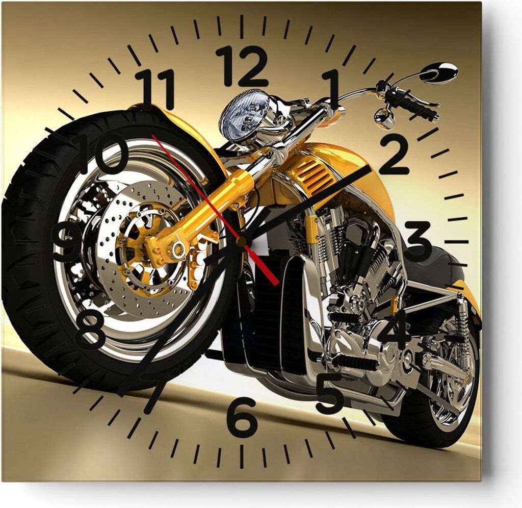 Wanduhr - Quadrat - Glasuhr - Motorrad Chrom Rad - 30x30cm - Schleichendes Uhrwerk - Lautlos - zum Aufhängen bereit - Dekoration Modern - Wanddeko...