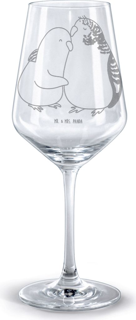 Mr. & Mrs. Panda Kelch Wellensittich Liebe - Transparent - Geschenk, glas für rotwein, weinglas graviert, Umarmung, Verknallt, Partner, Burgunderg...