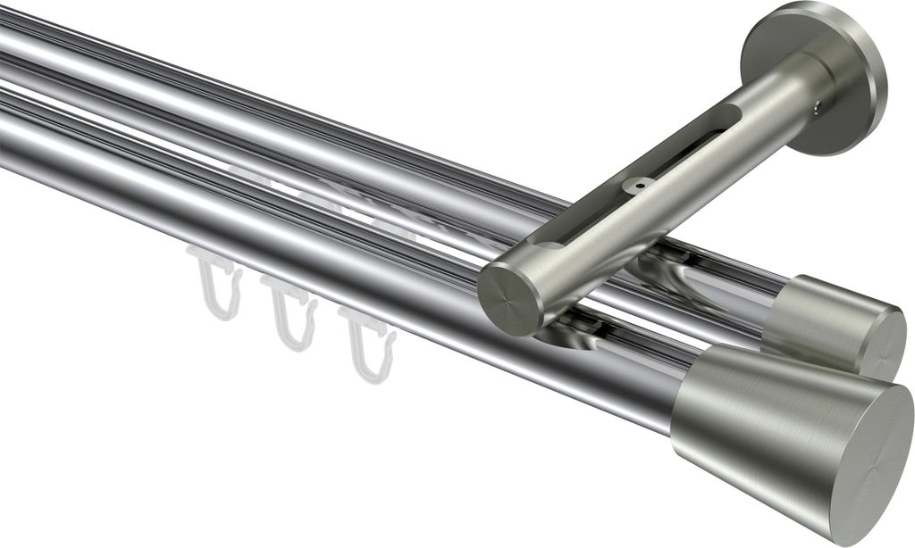 Interdeco Innenlaufstange / Gardinenstange mit Innenlauf Chrom / Edelstahl-Optik, Typ Siteno Sitra (Konus), 20 mm Ø 2-läufig, 400 cm