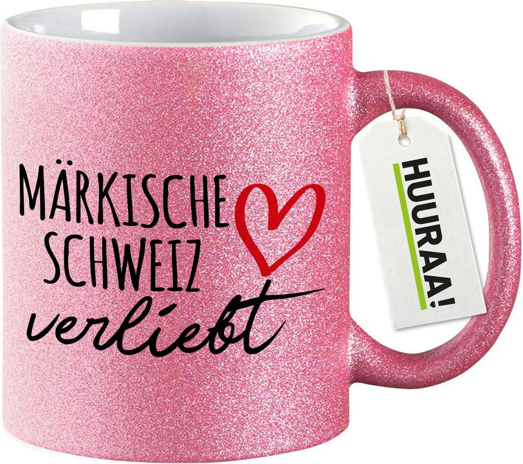 Huuraa Glitzertasse Märkische Schweiz verliebt 330ml Pink Keramik Kaffeebecher Geschenkidee