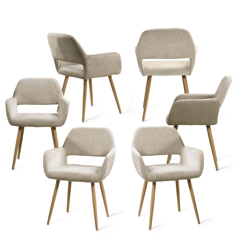 Meubles Cosy 6er-Set skandinavische Esszimmer-Armlehnstühle aus beigem Stoff – CROMWELL