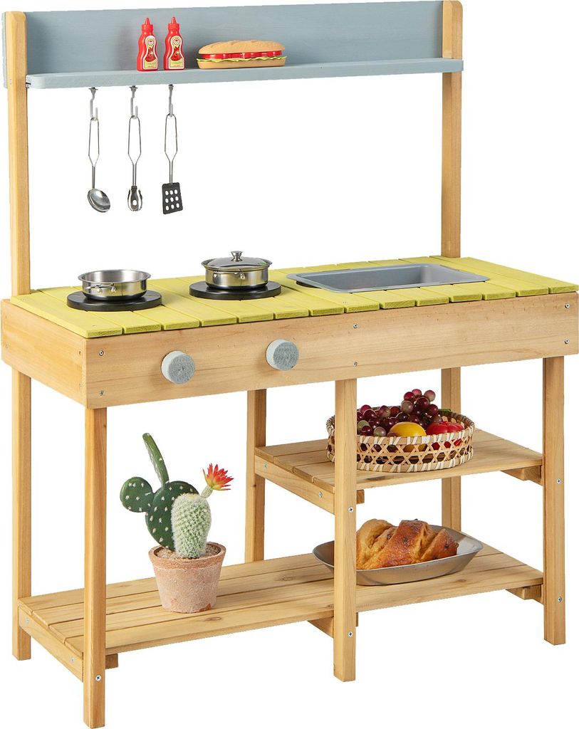 COSTWAY Matschküche Kinder Outdoor, Kinderküche Holz mit abnehmbarem Spüle, 3 Haken, 2 Herden&abnehmbarem Regal, Spielküche, Gartenküche für ...