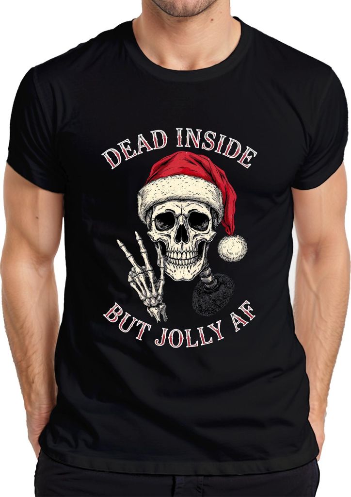 Dead Inside But Jolly AF Skelett Totenkopf Weihnachtsmütze Gothic Herren T-Shirt, Schwarz, XXL