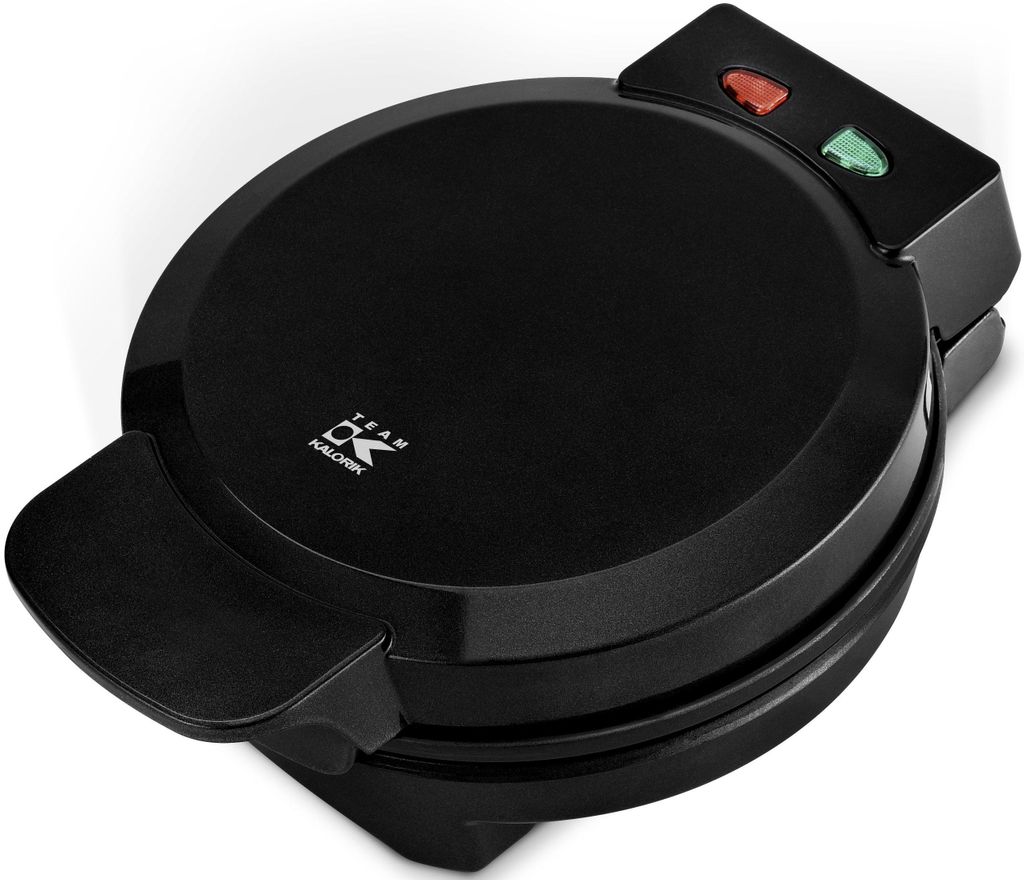 A black waffle maker is shown from a slightly elevated angle against a white background.