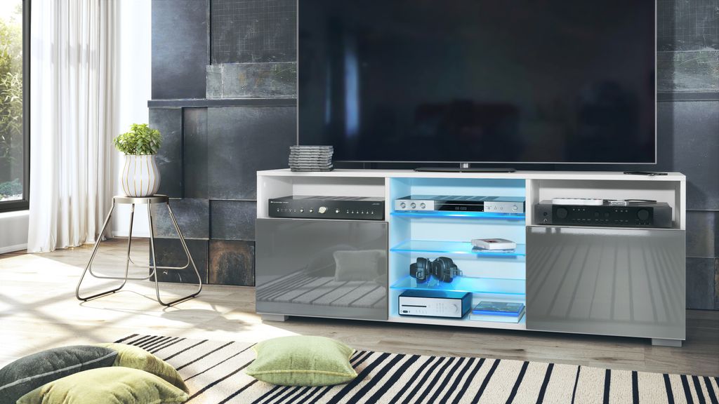 Vladon TV Board Lowboard Metro - Weiß Hochglanz Mit Beton Optik & LED Beleuchtung