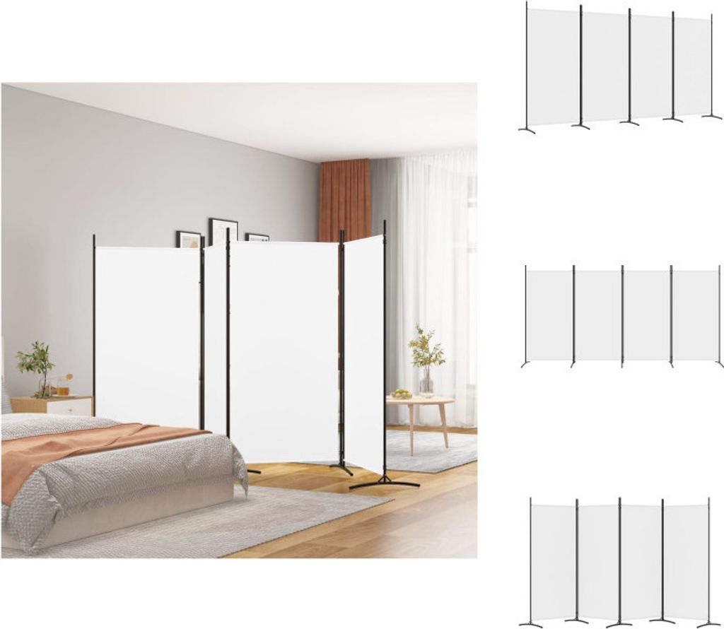 A bedroom scene with a bed and a white room divider.