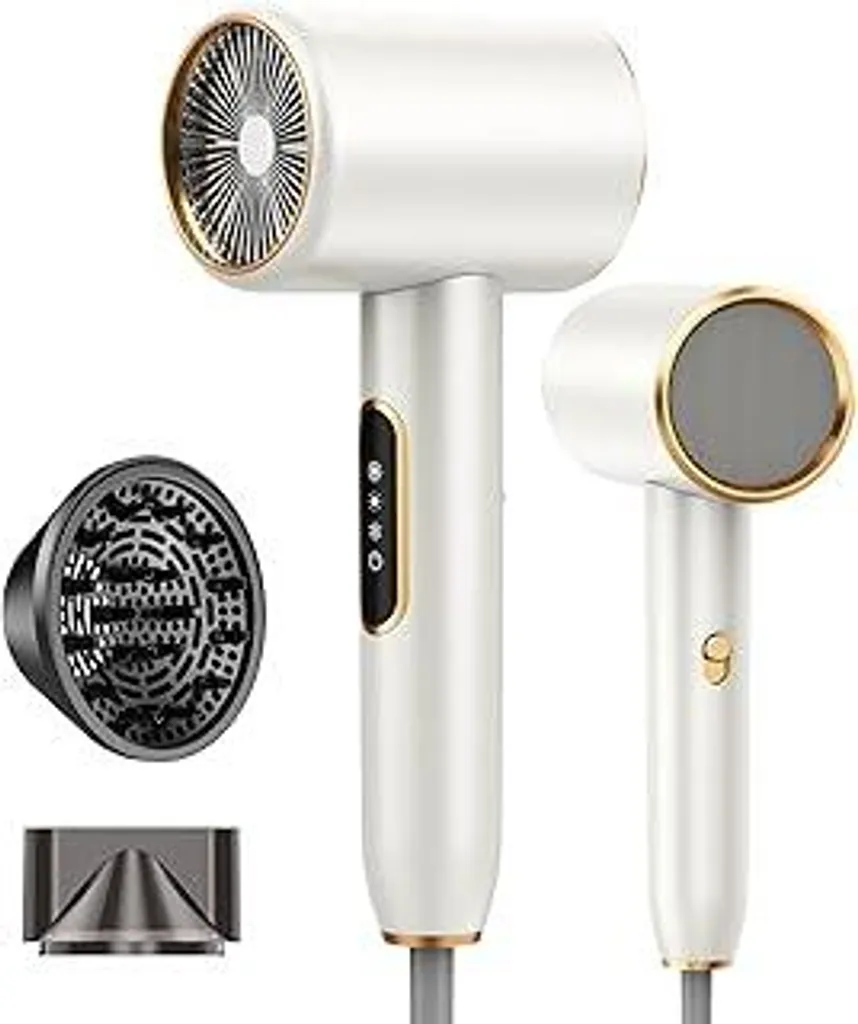Asciugacapelli ionico, asciugacapelli ad asciugatura rapida, asciugacapelli 3 livelli di temperatura e 2 livelli di flusso d'aria, asciugacapelli da viaggio 2400 W, asciugacapelli con beccuccio e diffusore inclusi (styling delicato e distribuzione uniforme del calore)