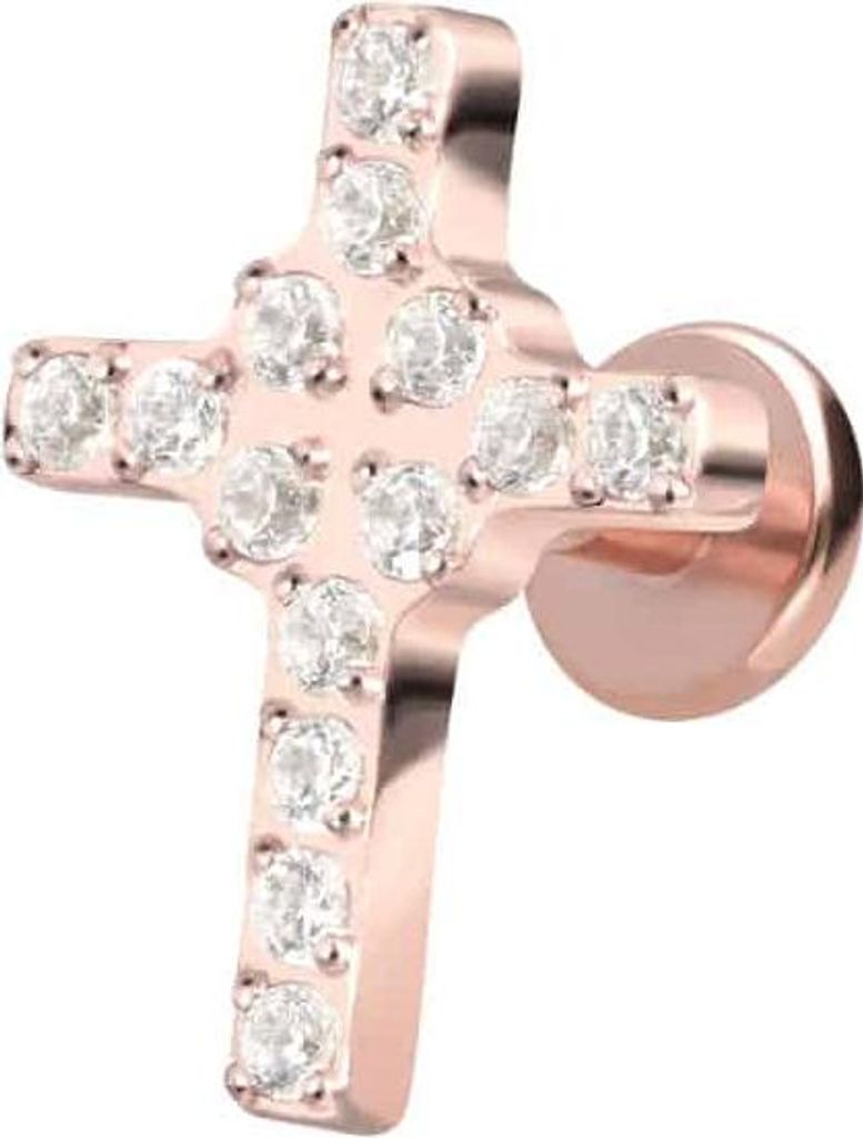 Ohrpiercing, Nasenpiercing Titan Labret mit Innengewinde KRISTALLKREUZ RoséGold Stablänge: 6mm | Stabstärke: 1,2mm