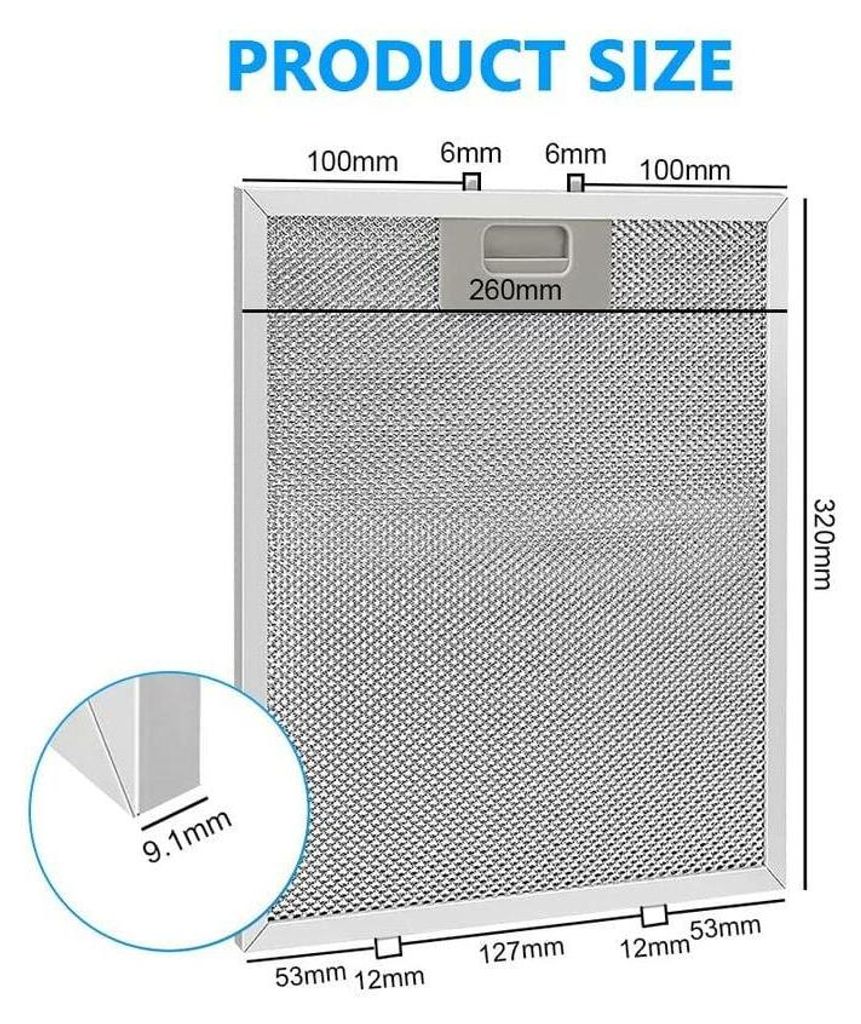 A diagram showing the dimensions of a metal grease filter for a range hood.