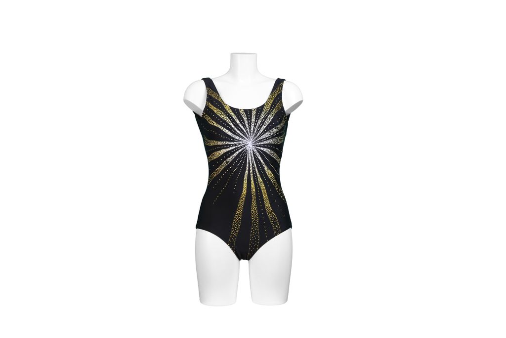 Pacific Fashion Badeanzug Schwarz-Gold Frontprint 31060, Gr. 50 D