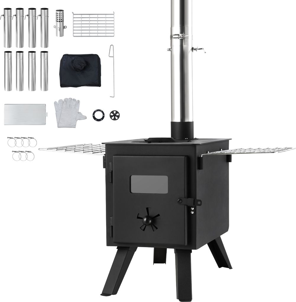 A black portable wood stove with a chimney and various accessories laid out around it.