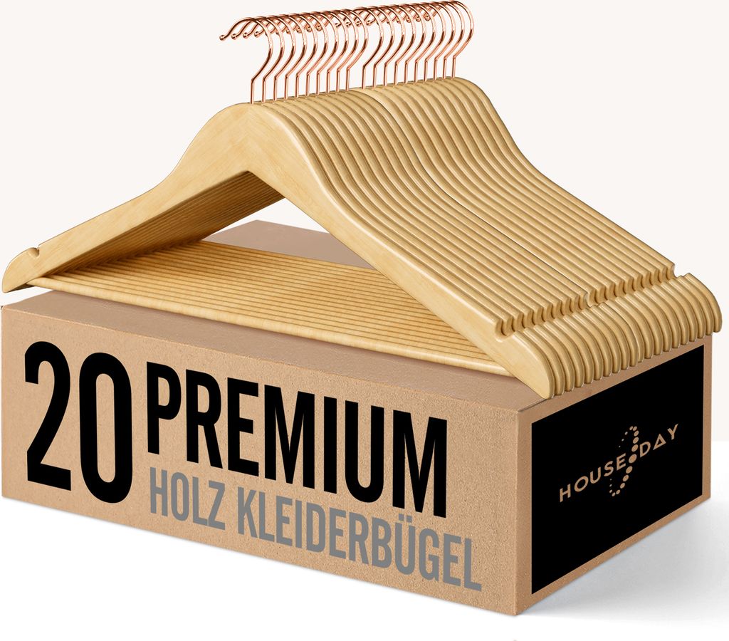 HOUSE DAY Kleiderbügel Holz, 20er Holzkleiderbügel, Kleiderbügel Natur für Anzüge, 360° drehbarer Haken in Roségold, rutschfest, Einkerbunge...