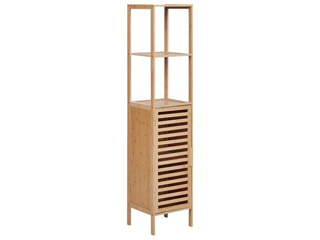 BELIANI Badregal mit Tür Hellbraun Bambusholz 145 cm Hoch 5 Fächer Lamellen-Optik Latten-Optik Rustikal Badezimmer Ausstattung Badmöbel Holzregal
