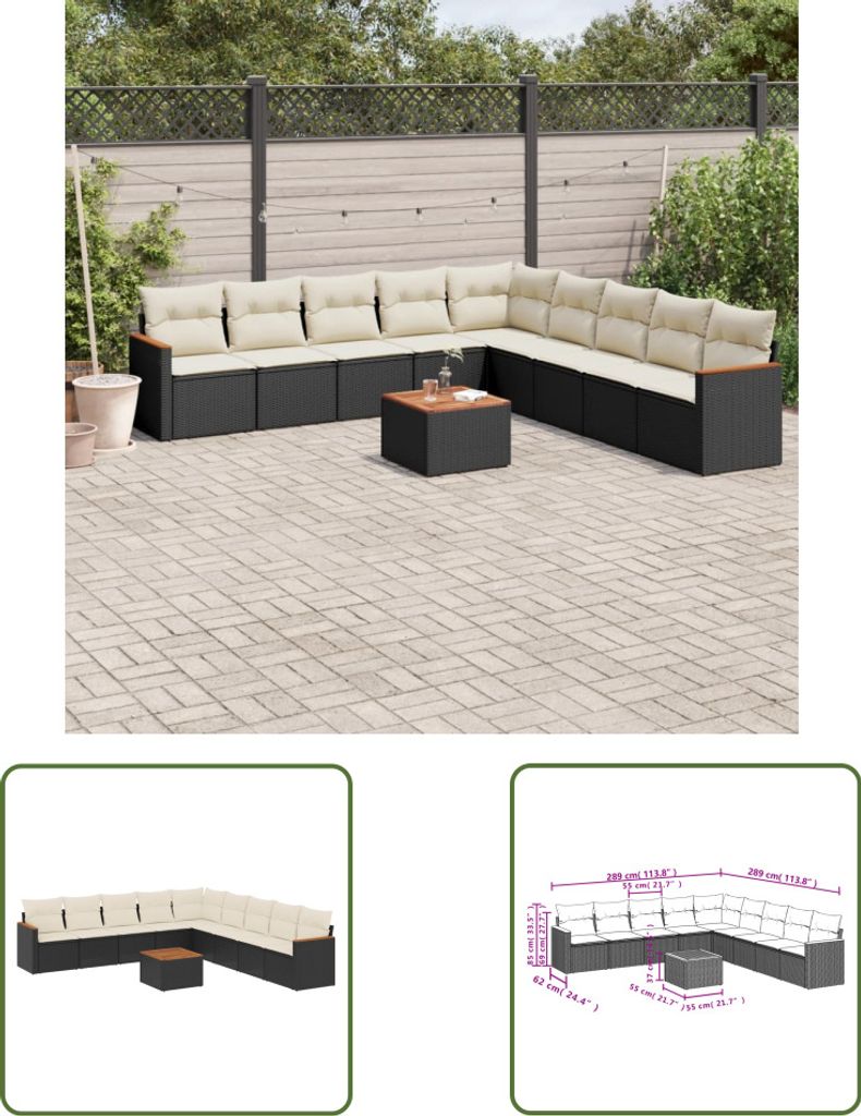 The Living Store 10-tlg. Garten-Sofagarnitur mit Kissen Schwarz Poly Rattan