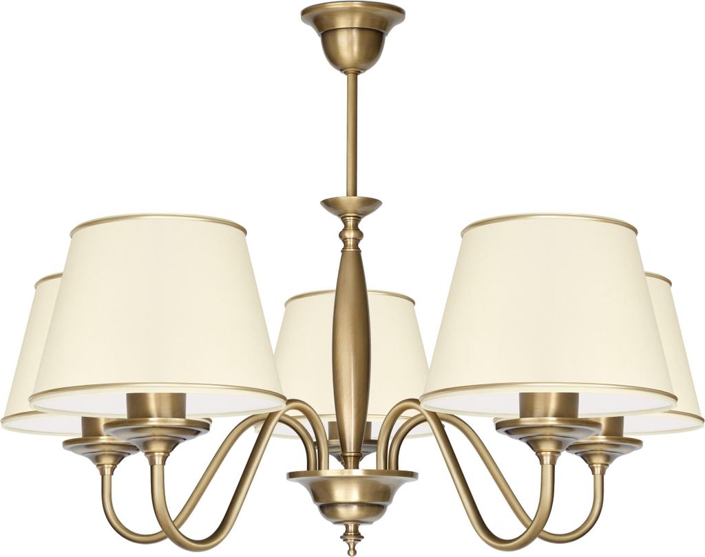 Kronleuchter Messing Goldpatina Stoffschirm Ecru abwaschbar Ø70x50cm 5xE27 300W Esszimmer Wohnzimmer klassisch elegant höhenverstellbar Decke