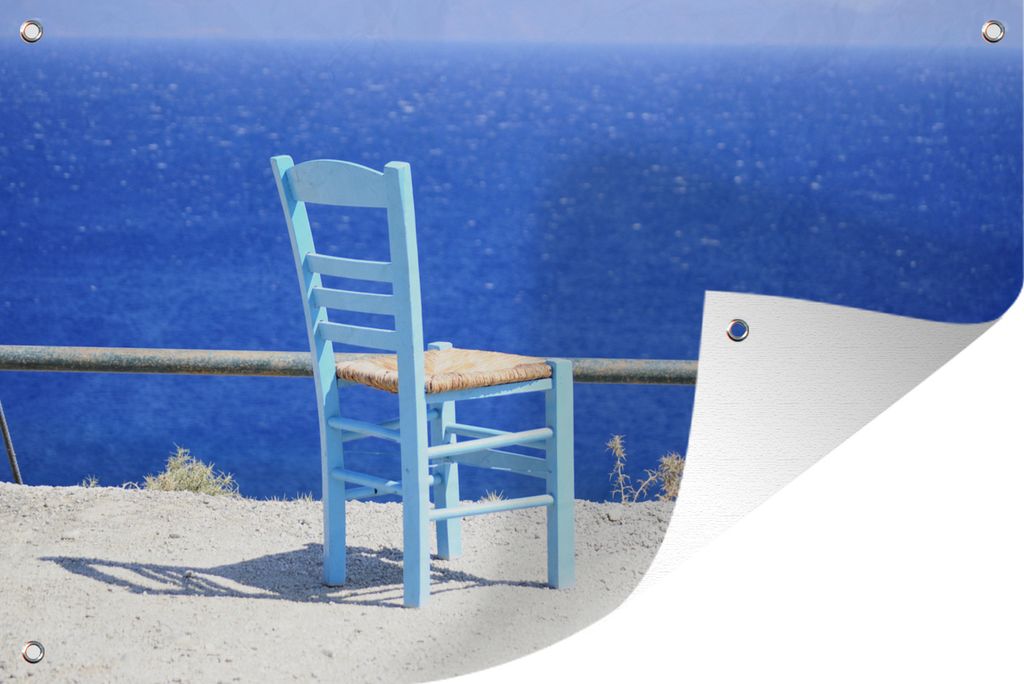 MuchoWow 90x60 cm Outdoor-Poster Gartendeko Sichtschutz Garten Poster für den Garten Blick auf das strahlend blaue Meer und einen Stuhl auf Kos