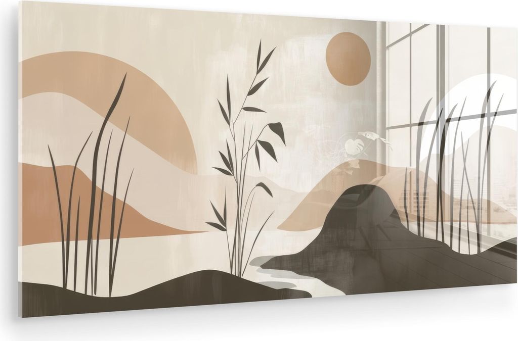 MuchoWow Glasbilder - Bilder auf Wandbild - Foto auf Glas Japandi - Landschaft - Beige 80x40 cm Wanddekoration aus Glas - Acrylglasbild - Acrylbild...